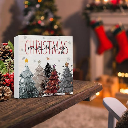 Farmhouse Christmas Decor - Merry Rustic Wooden Sign, Star Christmas Tree Decor - 5 x 5 Inches
