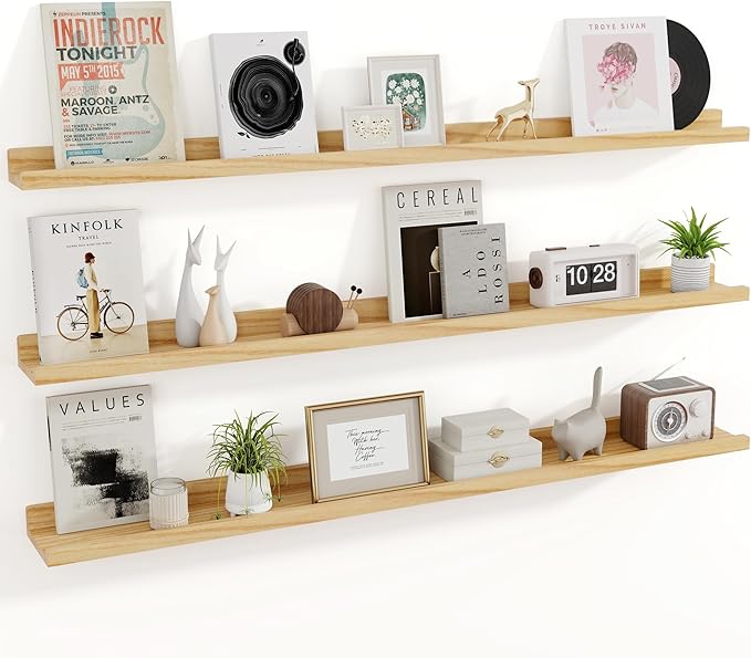 RICHFOCUS Floating Shelves for Wall, 55 inch Solid Wood Picture Ledge Shelf for Wall Storage, Nursery Book Shelves with Lip for Living Room Bathroom Bedroom Kitchen, Set of 3, Natural