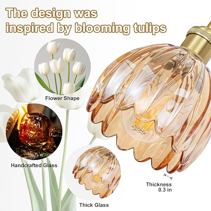 Vintage Bathroom Light Fixtures,4-Light Hardwired Vanity Lights with Amber Tulip Glass Shade,Gold Bathroom Vanity Light for Mirror Restroom,E26 Socket,25.2 in(Bulbs Not Included)