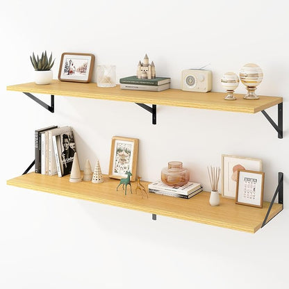 Deep Floating Shelves Wall Mounted, 48"x12" Oak Wall Shelves with Brackets Set of 2 for Bedroom, Living Room, Bathroom, Kitchen, Office - Storage & Display Shelf for Decor, Books, Plants