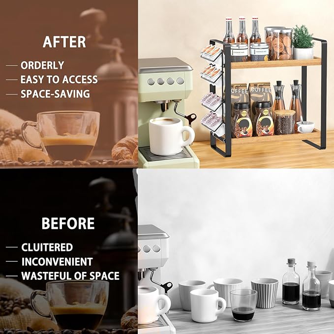 Coffee Station Organizer for Counter,Condiment Storage Caddy for Kitchen,2 Tier Wooden Shelf for Coffee Bar Accessories,Coffee Bar Organizer for Kitchen, Home, Office-Brown