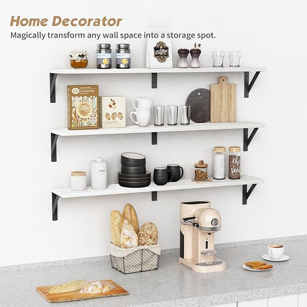 Forbena White Floating Book Shelves for Wall, 36 Inches Long Wall Shelves with Metal Brackets for Bedroom, Large Floating Bookshelf Bookshelves for Living Room Office Classroom (White Wood)