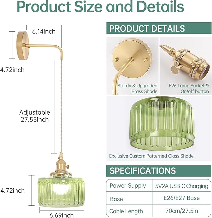 Battery Operated Wall Sconce with Green Striped Shade Pattern Glass Adjustable Chain Retro Gold Wall Mounted Light, Modern Wall Decor for Bedside Bedroom Indoor Doorway， Set of 2