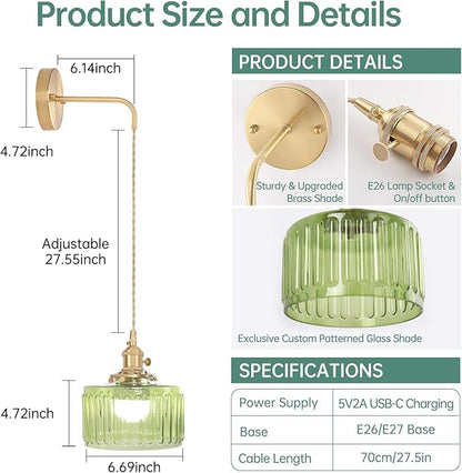 Battery Operated Wall Sconce with Green Striped Shade Pattern Glass Adjustable Chain Retro Gold Wall Mounted Light, Modern Wall Decor for Bedside Bedroom Indoor Doorway， Set of 2