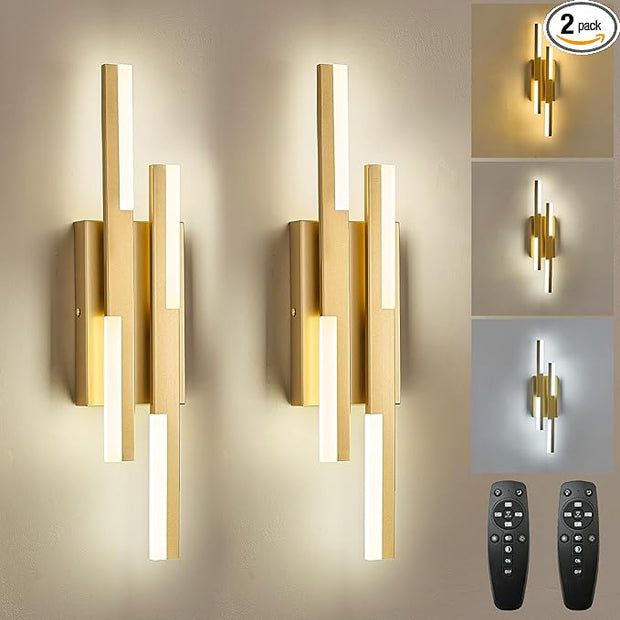 Modern LED Vanity Lights Set of 2, Gold Wall Sconce with Remote Control Dimmable Indoor Wall Light Bedside Remote Sconce for Bedroom Bathroom Living Dining Room (2 Pack H19.7’’)