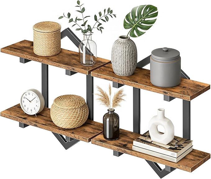 HOOBRO Floating Shelves, 15 Inch Wall Shelf Set of 2, Wall Mounted Storage Shelves 2-Tier, Hanging Bathroom Shelves, for Living Room, Bedroom, Bathroom, Kitchen, Rustic Brown and Black BF13BJP201
