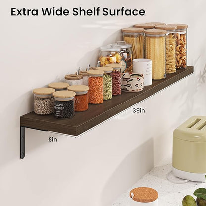Marsmiles Extra Wide Floating Shelves for Wall, 40x8 Inch Natural Wood Grain Bookshelves, Heavy Duty Mounted Shelving for Bathroom, Kitchen, Living Room, Bedroom,Set of 2，Walnut