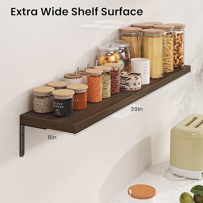 Marsmiles Extra Wide Floating Shelves for Wall, 40x8 Inch Natural Wood Grain Bookshelves, Heavy Duty Mounted Shelving for Bathroom, Kitchen, Living Room, Bedroom,Set of 2，Walnut