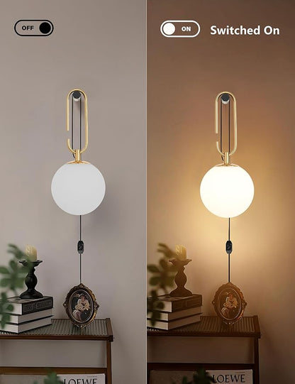 Dimmable Plug in Wall Sconces Set of 2, Modern Globe Wall Light with Rotary Dimmer Switch, Black & Gold Finish with Opal Glass Shade, 7.5Ft Cord & Dimmable G9 Bulb Included for Bedroom Bedside