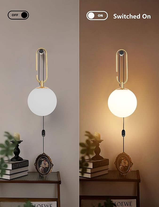 Dimmable Plug in Wall Sconces Set of 2, Modern Globe Wall Light with Rotary Dimmer Switch, Black & Gold Finish with Opal Glass Shade, 7.5Ft Cord & Dimmable G9 Bulb Included for Bedroom Bedside
