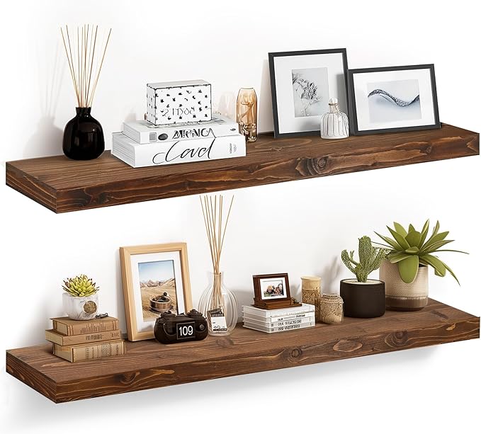 48x6.8x2in Floating Shelf – Natural Brown Solid Wood Rustic Mounted Shelf – Heavy Duty Decorative Storage for Living Room, Kitchen, Bathroom, Bedroom