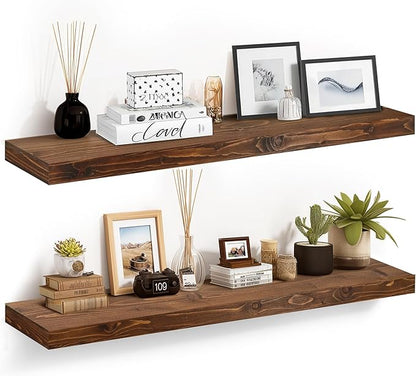 48x6.8x2in Floating Shelf – Natural Brown Solid Wood Rustic Mounted Shelf – Heavy Duty Decorative Storage for Living Room, Kitchen, Bathroom, Bedroom