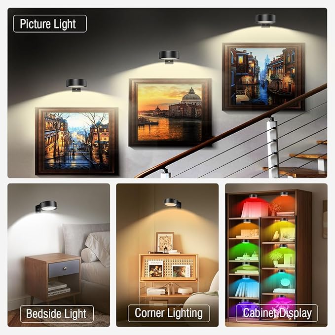Xuolder Picture Lights for Wall,2000mAh Rechargeable Battery Poster Lights LED Magnetic Painting Light with Remote Control,3 Color Temps&12 RGB Timer Dimmable Wall Light for Art Display Wall Decor