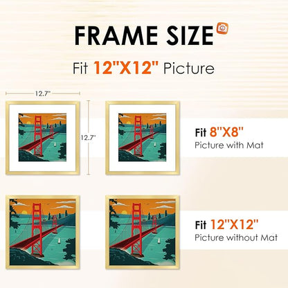 FIXSMITH 12x12 Picture Frame Gold Set of 4, Photo Frame with HD Plexiglass, Display Pictures 8x8 with Mat or 12x12 Without Mat, Natural Picture Frames Collage Wall Decor, Gallary Wall Frame