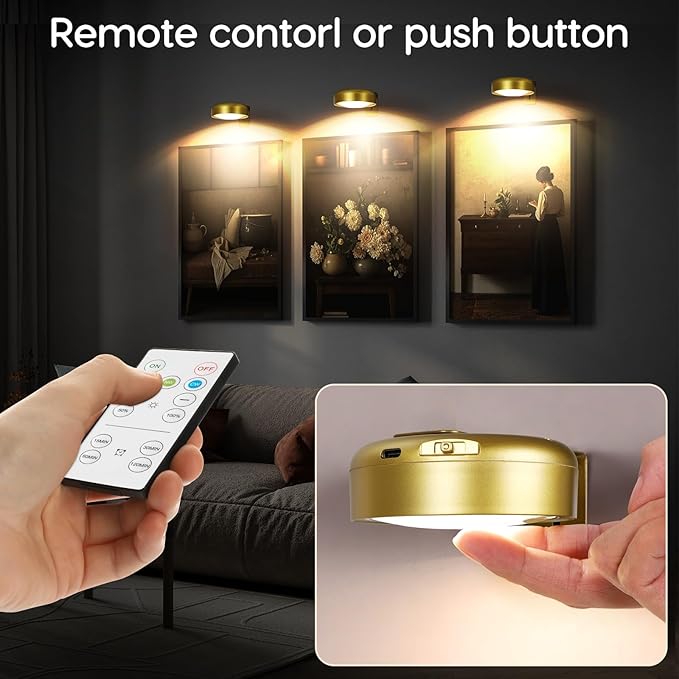 Picture Light for Wall with 2500mAh Rechargeable Battery,Wireless Painting Art Display Lighting for Portait Frame Gallery Poster with Remote ,3 Lighitng Colors&Dimmable Timer for Living Room Bedroom