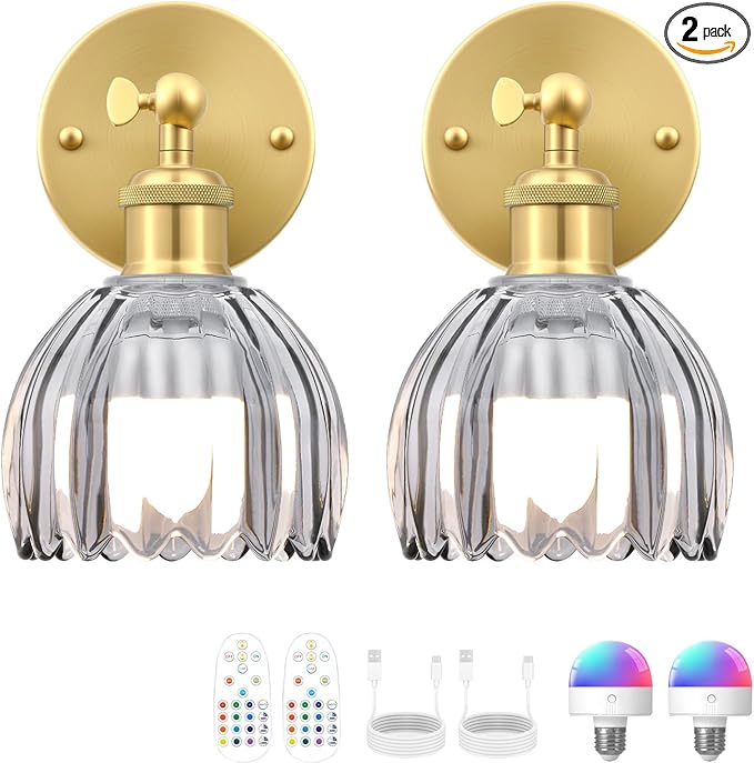 Vintage Battery Operated Wall Sconce, Smoky Gray Tulip Glass Lampshade Wireless Rechargeable Battery Powered LED Wall Light with Remote Dimmable for Bedside Bedroom Doorway Living Room, Set of 2