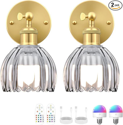 Vintage Battery Operated Wall Sconce, Smoky Gray Tulip Glass Lampshade Wireless Rechargeable Battery Powered LED Wall Light with Remote Dimmable for Bedside Bedroom Doorway Living Room, Set of 2
