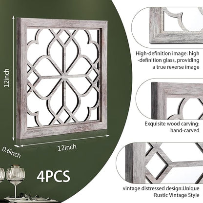 Tatuo 4 Pcs Mirrors Square Wall Mirror, Gorgeous Rustic Farmhouse Accent Mirror, Rustic for Bathroom Renovation Bedrooms Living Rooms, 12 x 12 Inch(Elegant White)