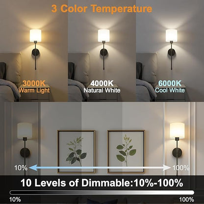 Battery Operated Wall Sconce Set of Two, 15 Colors Rechargeable Wall Lamp with Dimmable Bulbs and Remote, Black Wireless Wall Sconce for Bedroom Living Room Hallway
