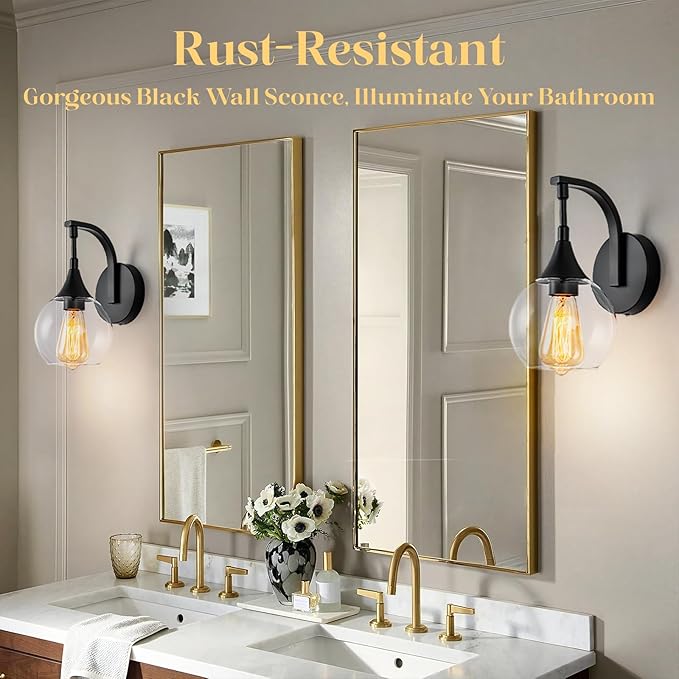 1-Light Bathroom Wall Sconces,Matte Black Sconces Wall Lighting with Clear Glass Shade,Modern Vanity Light Fixtures,Indoor Lamp Wall Mount Light for Mirror, Bedroom