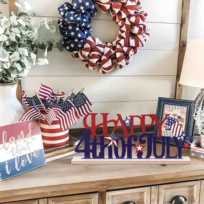 MEETYAMOR 4th of July Decorations, Metal Happy Fourth of July with Wooden Base, Patriotic Independence Day Decor for the Home, Memorial Day, Tiered Tray, Shelf, Table, Mantel