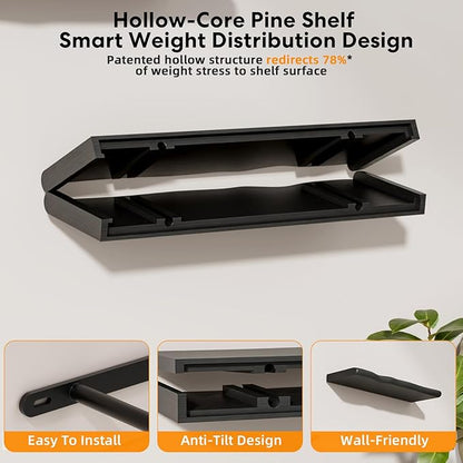 Floating Shelves for Wall Rustic Farmhouse 24 Inch Floating Shelf Bathroom Wooden Shelves for Wall Mounted Live Edge Pine Shelf with Unique Natural Grain for Living Room Bedroom Kitchen (Black)