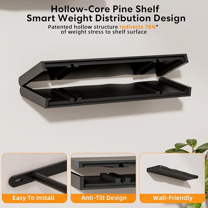 Floating Shelves for Wall Rustic Farmhouse 24 Inch Floating Shelf Bathroom Wooden Shelves for Wall Mounted Live Edge Pine Shelf with Unique Natural Grain for Living Room Bedroom Kitchen (Black)
