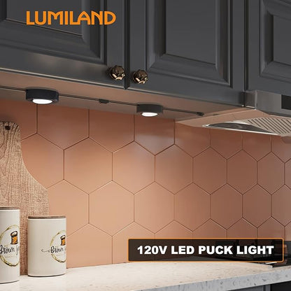 LUMILAND Wired LED Puck Lights 120V (2.7Wx3) Plug-in Lighting Warm White, LED Cabinet Light for Kitchen Can Be Surface Mount or Recess Mount, Black