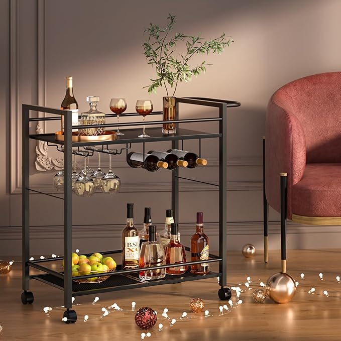 Bar Cart,Home Bar Serving Cart with Storage Shelves, 2 Tier Rolling Beverage Cart with Wheels, Modern Vintage Black Wine Cart with Wine Rack and Glass Holder for Kitchen, Dinning Room,Living Room