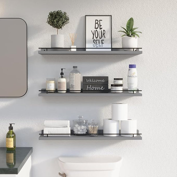 WOPITUES Floating Shelves 24 inch with Black Metal Guardrail, Shelves for Wall Decor Set of 3, Wall Shelves for Bedroom, Bathroom, Kitchen, Living Room, Plants, Picture Frames, Art- Grey