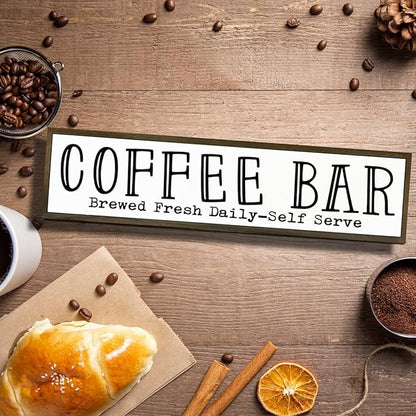 Coffee Bar Signs Decor, Rustic Coffee Station Decors, Coffees Home Decoration for Kitchen Bar, Wall Decors Art, Anniversary Decor, Brewed Fresh Daily Self Serve Sign, 17.8x4x1.2 inches