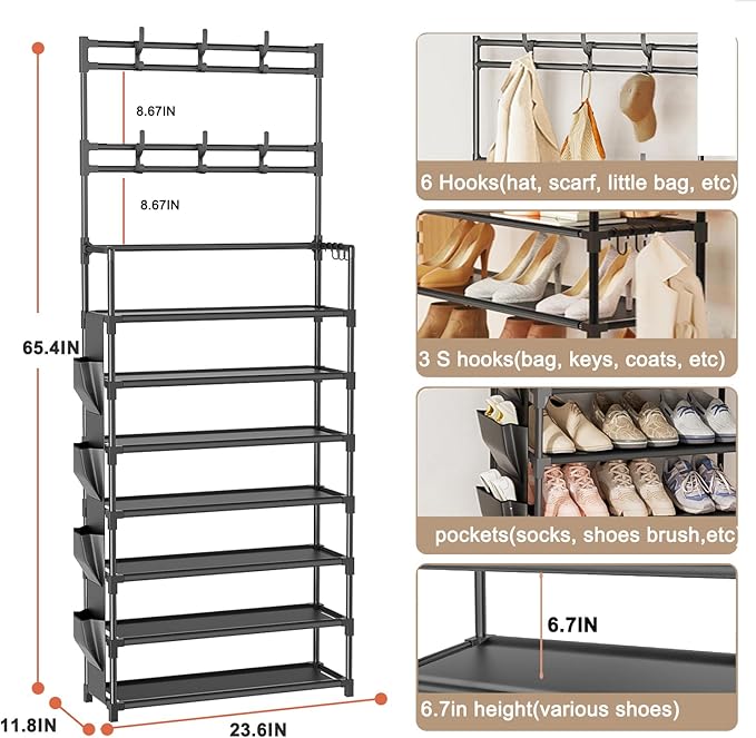 Shoe Rack 7 Tier Shoe Organizer Storage 21-28 Pairs Closet Shoes Rack for Front Door Entrance Shoe Rack Organizer with Hooks Side Pocket Entryway Large Capacity Shoe Shelf Tower Garage