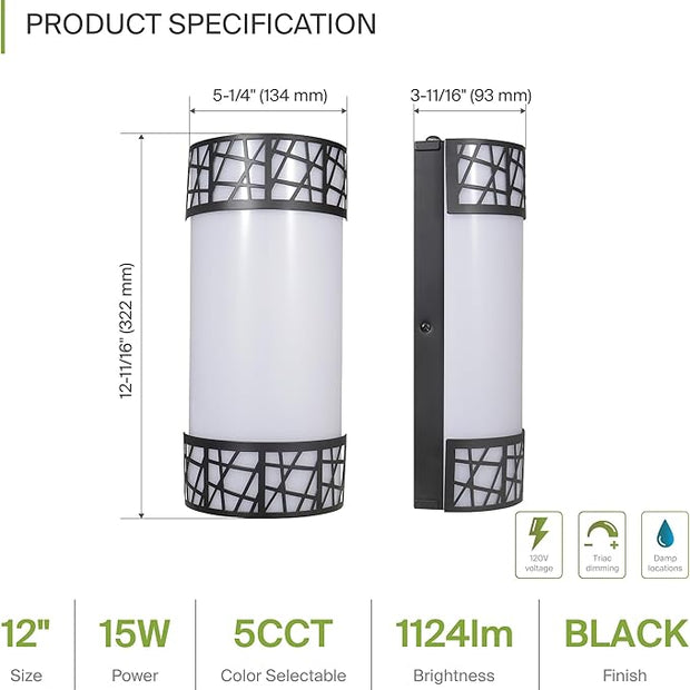 ASD 12 Inch LED Indoor Wall Sconce - Matte Black Modern Dimmable 15W 2700K-5000K Adjustable Wall Mounted Light Fixtures, Wall Lights for Bedroom, Bathroom, Living Room, Hallway Decor - ETL 4 Pack