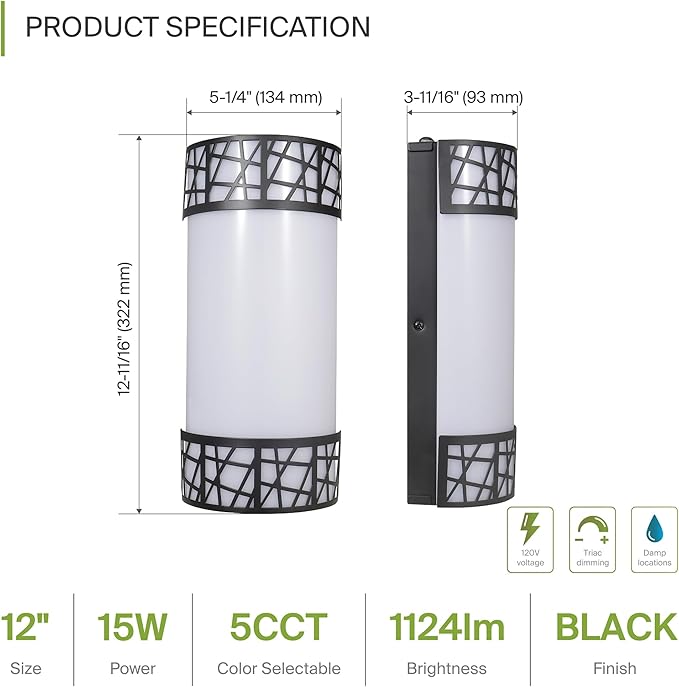ASD 12 Inch LED Indoor Wall Sconce - Matte Black Modern Dimmable 15W 2700K-5000K Adjustable Wall Mounted Light Fixtures, Wall Lights for Bedroom, Bathroom, Living Room, Hallway Decor - ETL