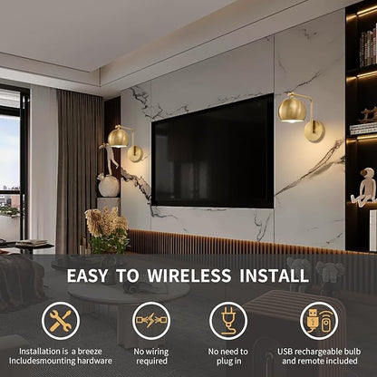 Gold Battery Operated Wall Sconces Set of 2, Rechargeable Cordless Wall Light Fixture with Remote, Dimmable Wireless Battery Powered Wall Decor Lighting Lamp for Bedroom Living Room