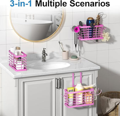 Hair Tool Organizer, 3-in-1 Universal Hair Dryer Holder, Adjustable Height Metal Blow Dryer Holder Wall Mounted/Over Cabinet Door/Free-Standing (Pink)