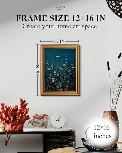 HUARCEY Framed Canvas Wall Art Vintage Decor, Wildflowers Picture Decor, Rustic Vintage Neutral Canvas Paintings Retro Table Desk Pictures for Bedroom Living Room, 12x16Inch