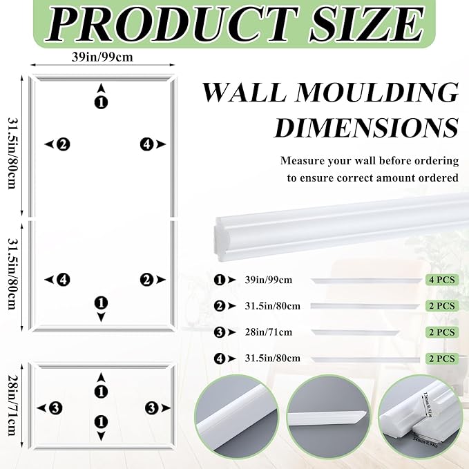 Pangda Peel and Stick Wall Molding Kit, 3D Premade Accent Molding Wainscoting Panel for Interior Wall Moulding Decor, Ready to Assemble Wainscoting Accent Panel (3 Set,39 x 63 in+39 x 28 in)