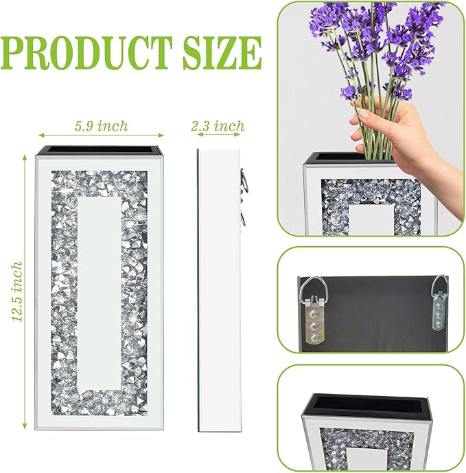 Crushed Diamond Mirrored Wall Decor Vase Crystal Silver Mirror Flower Vase Stunning Decorative Glass Hanging Planter for Home Decor Living Room Dining Room Bedroom Wall Decor.Can't Hold Water(2 Set)