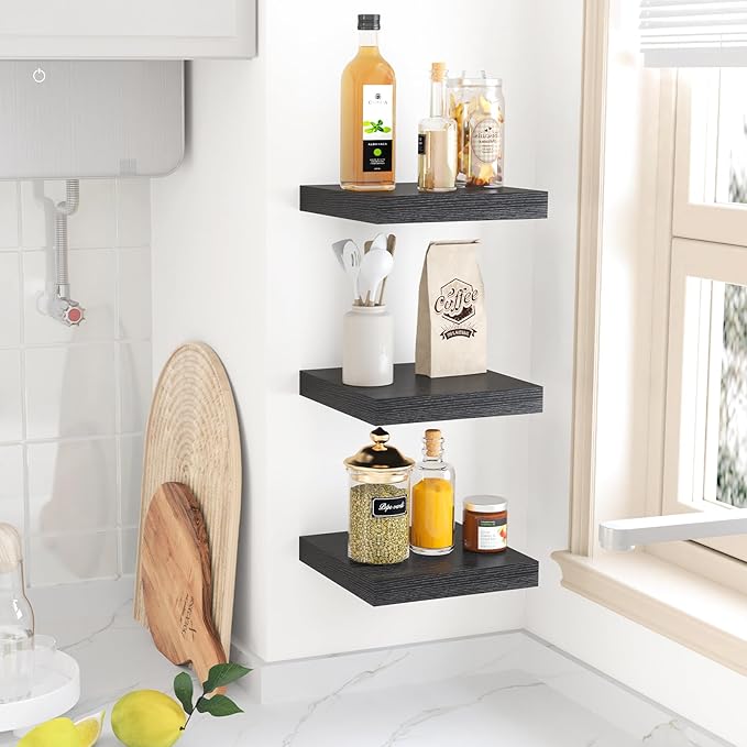 Fixwal Small Floating Shelves for Wall, 8 Inch Black Shelves Wall Mounted Shelf for Bathroom, Living Room, Bedroom, Kitchen Decor (Set of 3, 8x8)
