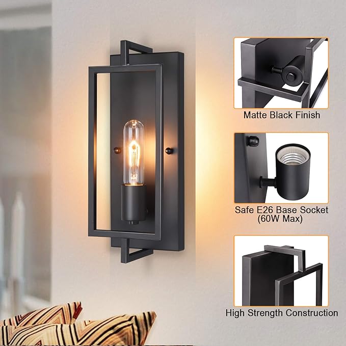 Industrial Wall Sconces Set of 2, Vintage Light Fixture, E26 Base, Matte Black Metal Wall Mount Lamp, Modern Indoor Lighting Hardwired