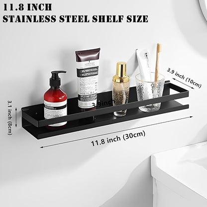 Floating Shelves Wall Mounted, Rustproof Stainless Steel Bathroom Shelf, Black Nail-Free Kitchen Spice Rack, Adhesive Storage Organizer for Shower & Home Decor