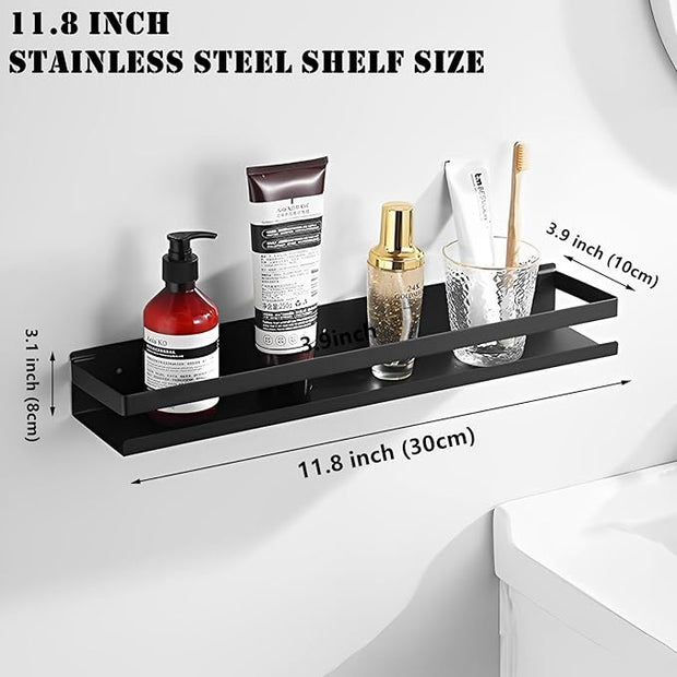 Floating Shelves Wall Mounted, Rustproof Stainless Steel Bathroom Shelf, Black Nail-Free Kitchen Spice Rack, Adhesive Storage Organizer for Shower & Home Decor