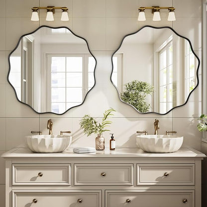 Round Wavy Mirror - 24 Inch Bathroom Vanity Mirror Metal Frame Circle Wall Mounted Mirror for Bedroom Living Room Entryway, Black