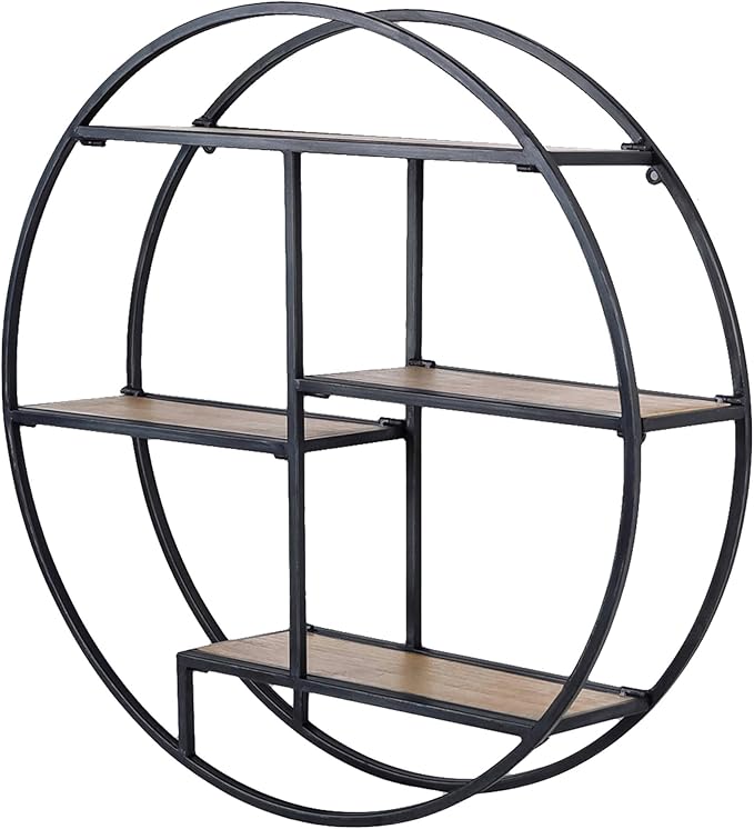 Industrial Style Round Wall Shelves, 3 Tier Decorative Floating Ledge Shelves, Wall Mounted Metal Bracket Wooden Display Hanging Shelf