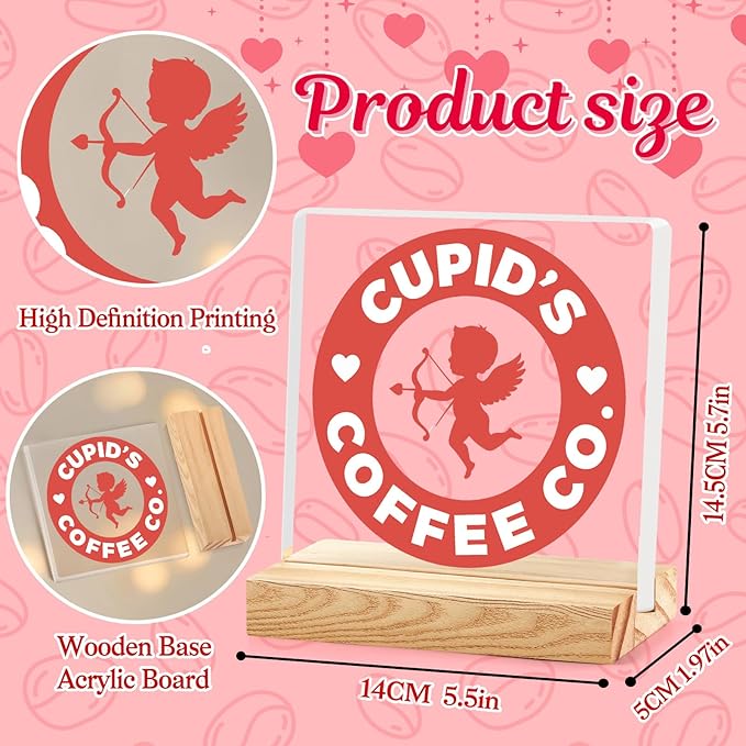Valentines Coffee Desk Decor, Valentine's Day Gifts for Lover Bar Station, Valentine Home Office Table Sign for Kitchen Shelf Tiered Tray, Cafe Tabletop Decoration to Couples, Cupids Coffee Co