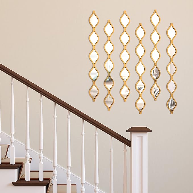 Yulejo 6 Pcs Acrylic Teardrop Mirror Decor - Narrow Wall Decor Boho Vintage Wall Art for Apartment Home Living Room Bathroom Bedroom Hallway (Gold Edge)