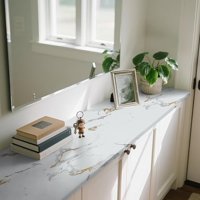 practicalWs Glossy Marble Wallpaper Peel and Stick White/Gold Granite Contact Paper Removable Wall Paper for Kitchen Countertop Cabinet Furniture 11.8