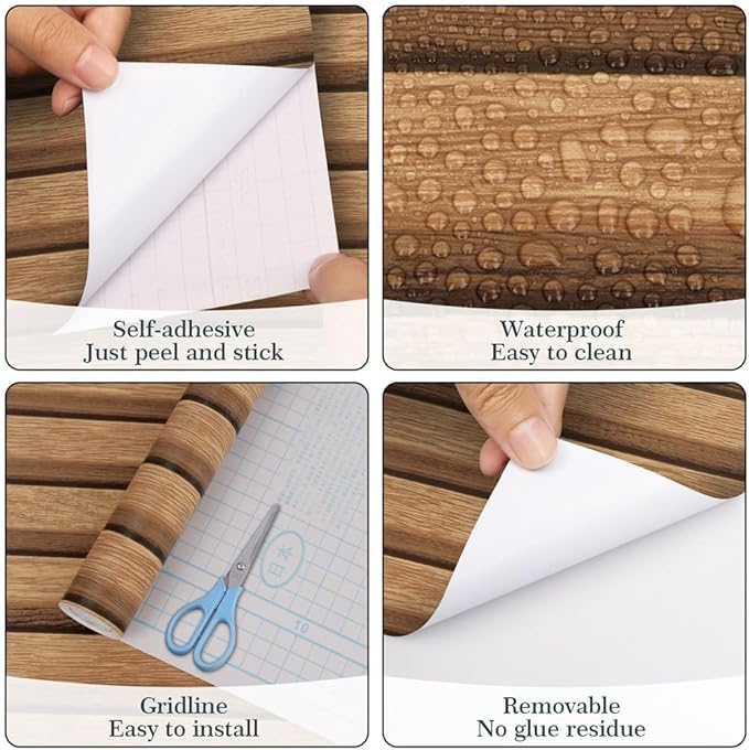 Arthome 17''x240'' Wood Slat Wallpaper, Peel and Stick Self Adhesive Wood Wallpaper PVC Vinyl Decorative Removable Wallpaper Waterproof Faux Wood Grating Stripe Contact Paper for Living Room Bedroom