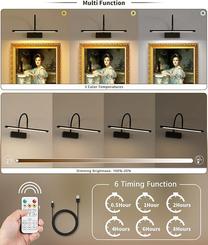 JOOSENLUX Wireless Picture Light with Remote Control Battery Powered Art Light 15.75 Inch Black Gallery Light Dimmable and Timer Function for Pictures, Display, Artwork, Gallery